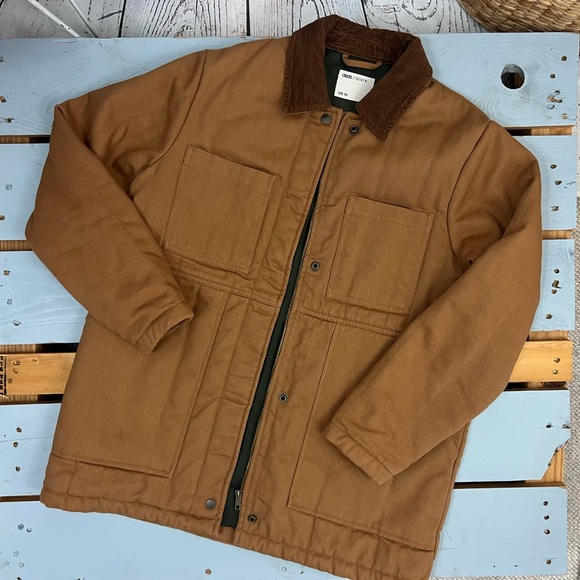 ASOS Design Oversized Denim Wadded Jacket with Cord Collar in Camel US 6 - Picture 2 of 11